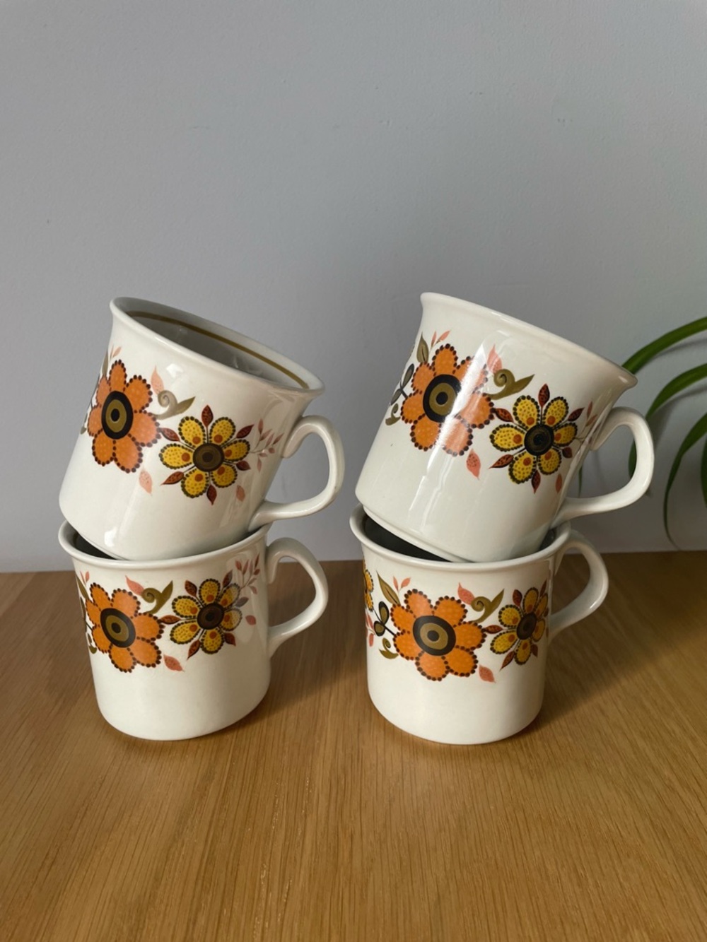 Vintage MCM Ridgeway Ironstone “Harvest Gold” Pattern Coffee Mugs Set of 4